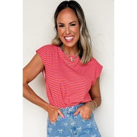 Red Stripe Ribbed Cap Sleeve Round Neck T Shirt - L thumbnail