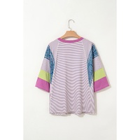 Purple Stripe Floral Color Block Raw Edge Patchwork Bracelet Sleeve Blouse - L thumbnail