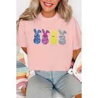 Pink Sequin Cute Bunny Graphic Easter Fashion Tee - L thumbnail