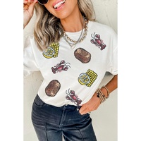 White Sequin Crawfish Potato Lemon Corn Graphic Crewneck T Shirt - M thumbnail