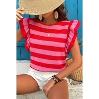 Red Stripe Flutter Sleeve Round Neck T Shirt - XS thumbnail