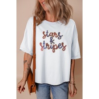 White Sequin stars & stripes Graphic Drop Shoulder Loose T Shirt - M thumbnail