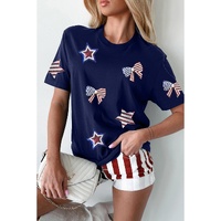 Blue Sequin USA Flag Bow Star Graphic Crewneck T Shirt - S thumbnail