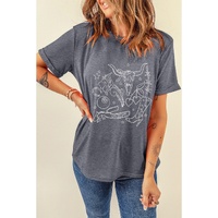 Gray Cowgirl Boots OX Head Western Fashion Print Crewneck Tee - L thumbnail