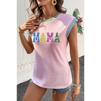 Pink Sequined MAMA Graphic Corded Rib Knit Colorblock T Shirt - L thumbnail