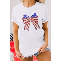 White USA Flag Bow Knot Patched Crew Neck T Shirt - M thumbnail