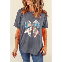 Gray US Flag Bow Print Round Neck Loose T Shirt - L thumbnail