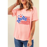 Pink Stars and Stripes Bow Knot Crew Neck T Shirt - M thumbnail
