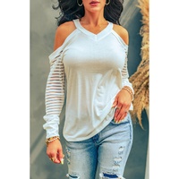 Azura Exchange Cut-out Cold Shoulder Mesh Striped Long Sleeve T-shirt - XL thumbnail