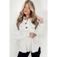 White Oversized Flap Pockets Button Collared Sweatshirt - L thumbnail