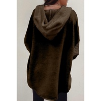 Dark Brown Button Up Contrast Knitted Sleeves Hooded Jacket - L thumbnail