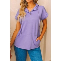 Purple Short Sleeve Buttoned Neck Kangaroo Pocket Hoodie - L thumbnail