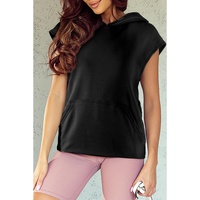 Black Solid Color Cap Sleeve Kangaroo Pocket Hoodie - S thumbnail