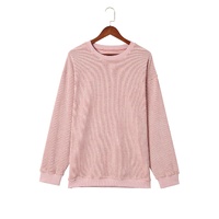 Pink Solid Ribbed Knit Round Neck Pullover Sweatshirt - L thumbnail