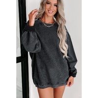 Black Solid Ribbed Knit Round Neck Pullover Sweatshirt - S thumbnail