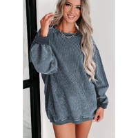Blue Solid Ribbed Knit Round Neck Pullover Sweatshirt - L thumbnail