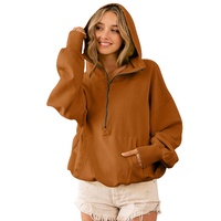 Brown Ribbed Trim Kangaroo Pocket Zipped Hoodie - L thumbnail