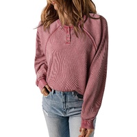 Red Waffle Knit Raglan Sleeve Henley Sweatshirt - M thumbnail