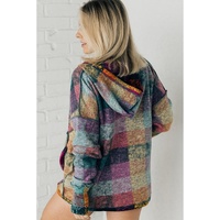 Multicolor Brushed Plaid Buttoned Pullover Oversized Hoodie - M thumbnail
