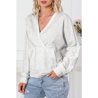 Gray Contrast Trim V Neck Wrap Sweatshirt with Pocket - L thumbnail