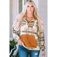 Azura Exchange Beige Aztec Print Half-Zip Hoodie with Kangaroo Pocket - S thumbnail