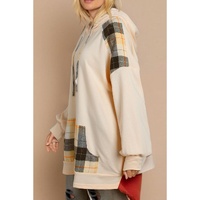 Khaki Plaid Patchwork Kangaroo Pocket Oversized Hoodie - M thumbnail