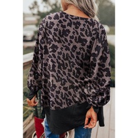 Black Leopard Patchwork Bishop Sleeve Slit Sweatshirt - S thumbnail