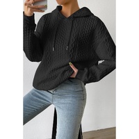 Black Cable Textured Casual Drawstring Hoodie - M thumbnail