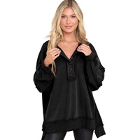 Black Oversized Exposed Seam Henley Sweatshirt - S thumbnail