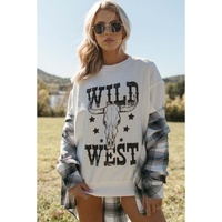 White WILD WEST Steer Skull Graphic Ribbed Sweatshirt - M thumbnail