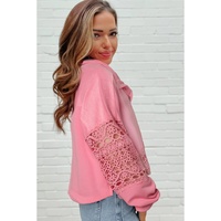 Pink Hollowed Lace Splicing Cropped Sweatshirt - S thumbnail