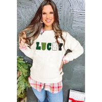 White LUCKY Chenille Embroidered Cable Knit Pullover Sweatshirt - L thumbnail