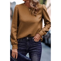 Brown Solid Color Quilted Puff Sleeve Pullover Sweatshirt - L thumbnail