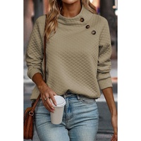 Apricot Quilted Buttoned Neckline Stand Neck Pullover Sweatshirt - M thumbnail