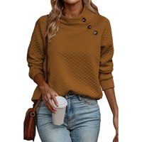 Chestnut Quilted Buttoned Neckline Stand Neck Pullover Sweatshirt - L thumbnail