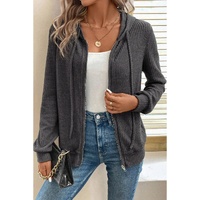 Dark Grey Ribbed Zip Up Front Drawstring Hoodie - L thumbnail