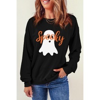 Black Halloween Spooky Ghost Print Crewneck Pullover Sweatshirt - S thumbnail