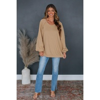 Light French Beige Solid Color Lattice Hollow Out Back Sweatshirt - L thumbnail