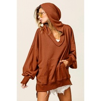 Chestnut V Neck Kangaroo Pocket Oversized Hoodie - L thumbnail