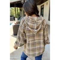 Khaki Printed Zipped Front Pullover Plaid Hoodie - L thumbnail