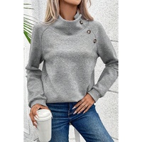 Gray Asymmetric Buttons Detail High Neck Textured Sweatshirt - S thumbnail