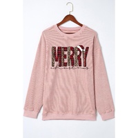 Pink MERRY Christmas Plaid Leopard Print Corded Sweatshirt - M thumbnail