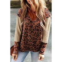 Brown Textured Knit Patchwork Leopard Hoodie - L thumbnail