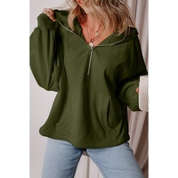 Moss Green Fleece Lined Half Zipper Kangaroo Pockets Loose Hoodie - 2XL thumbnail