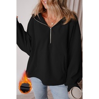 Black Fleece Lined Half Zipper Kangaroo Pockets Loose Hoodie - M thumbnail