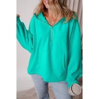 Aruba Blue Fleece Lined Half Zipper Kangaroo Pockets Loose Hoodie - 2XL thumbnail