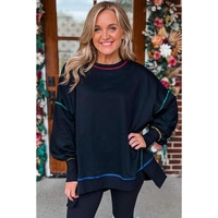 Black Contrast Stitching Split Baggy Sweatshirt - L thumbnail