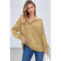 Simply Taupe Solid Ribbed Knit Buttoned Drop Shoulder Oversized Hoodie - 2XL thumbnail