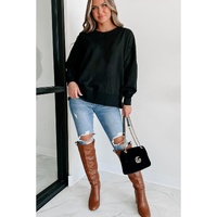 Black Exposed Seam Drop Shoulder Round Neck Sweatshirt with Slits - M thumbnail