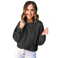 Black Solid Color Rivet Stud Raglan Sleeve Hoodie with Pocket - S thumbnail